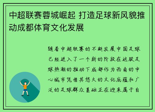 中超联赛蓉城崛起 打造足球新风貌推动成都体育文化发展