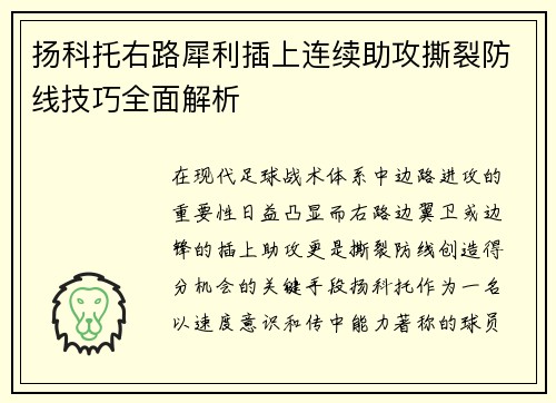 扬科托右路犀利插上连续助攻撕裂防线技巧全面解析