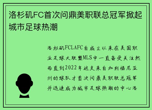 洛杉矶FC首次问鼎美职联总冠军掀起城市足球热潮 洛杉矶FC首次问鼎美职联总冠军掀起城市足球热潮